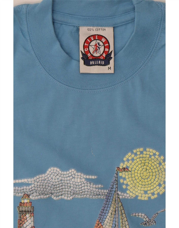 Vintage herre grafisk T-shirt top mellemblå bomuld