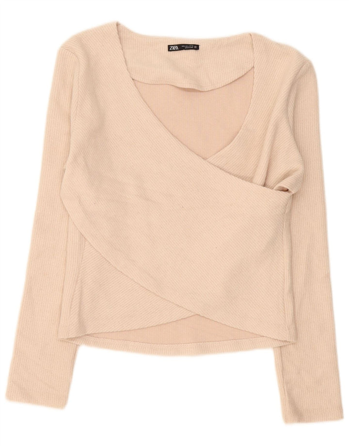 Zara Dame Langærmet Bluse Top UK 14 Stor Beige Polyester