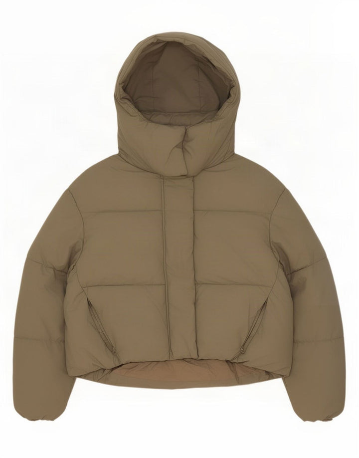 Zara Dame Hætte Oversized Polstret Jakke UK 6 XS Khaki Polyester