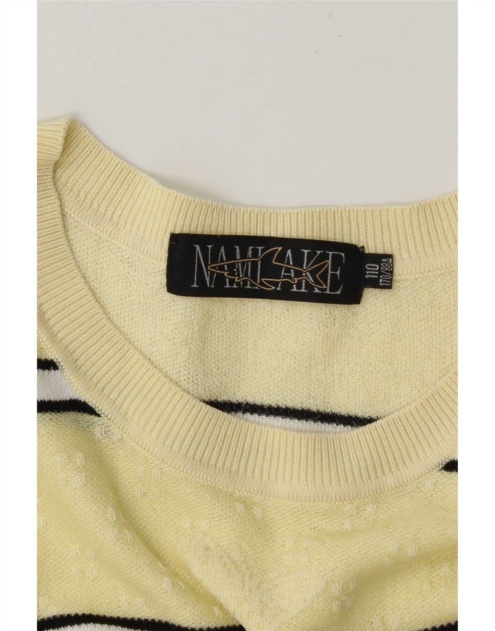 Vintage dame sweater med rund hals DK 14 Medium gul stribet