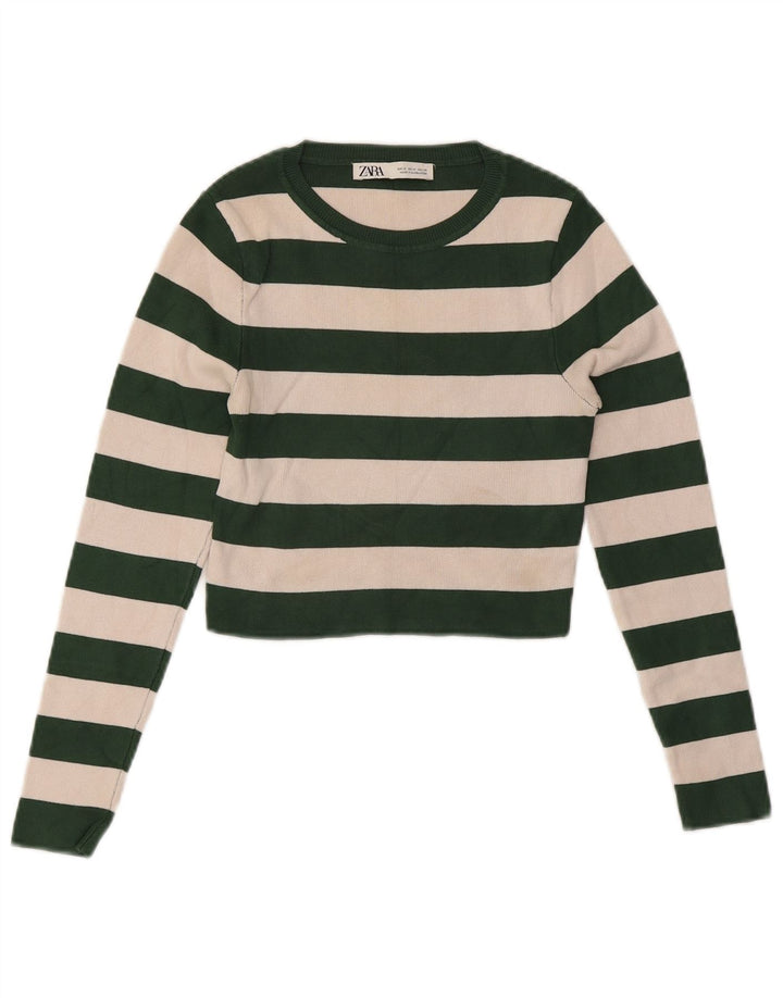 Zara Dame Crop Top Langærmet UK 12 Medium Grøn Stribet Viscose