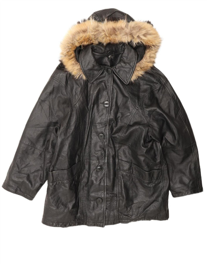 MARCO BALDASSARI Womens Hooded Leather Coat UK 14 Large  Black