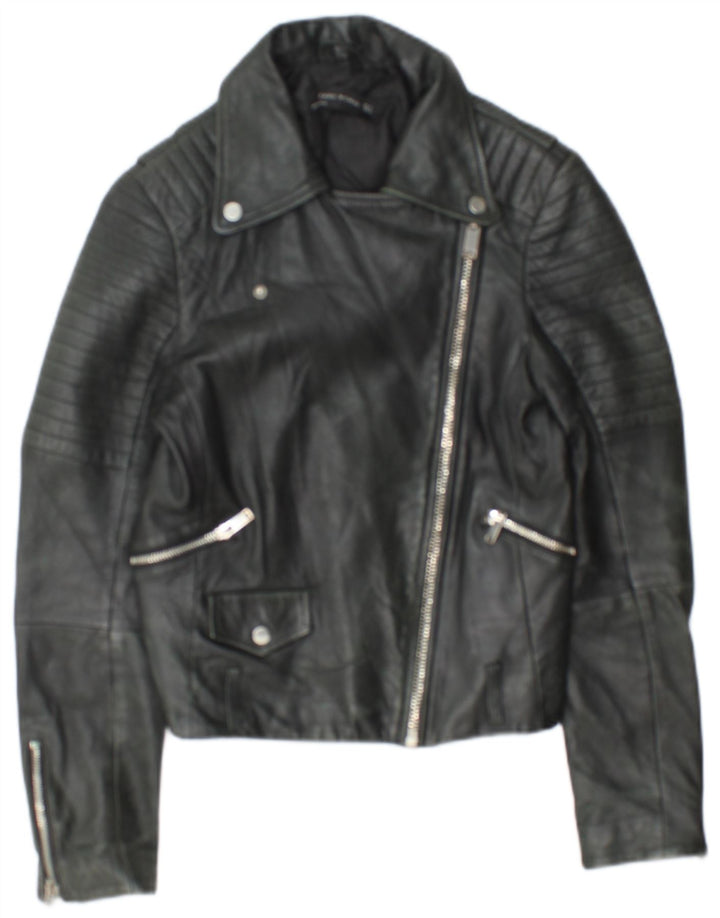 Zara Womens Crop Læder Biker Jacket UK 12 Medium Black