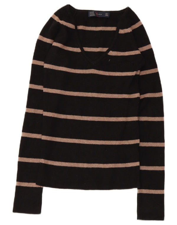 Zara Womens V-Neck Jumper Sweater UK 8 Small Black Striped Rayon