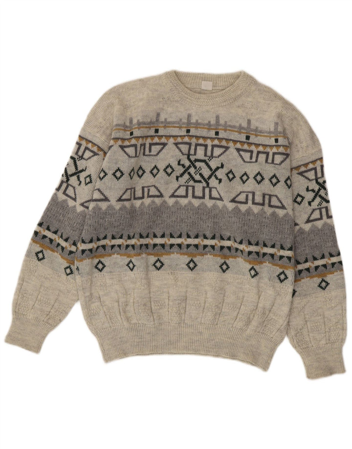 Vintage herre rund hals sweater IT 50 mellemgrå geometrisk akryl
