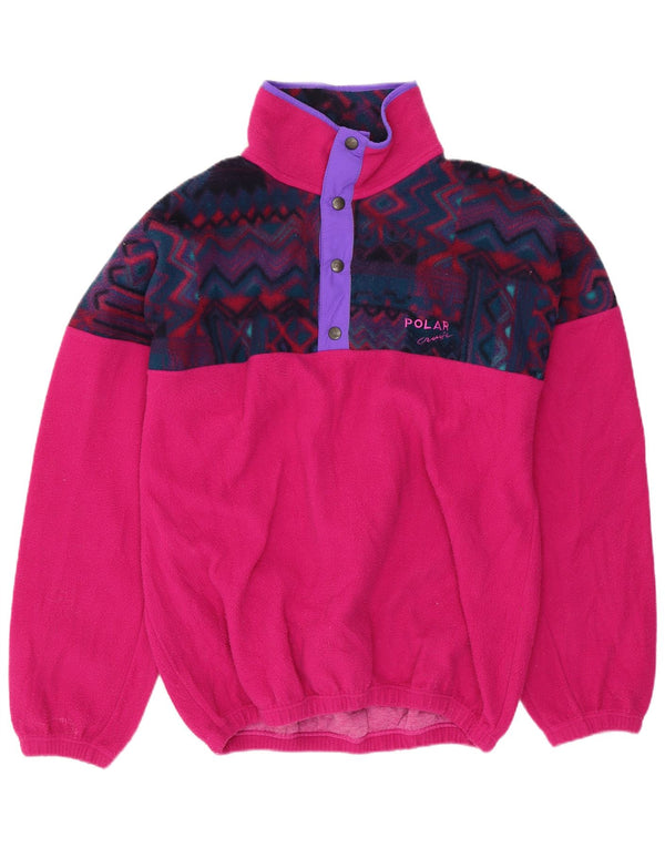 Vintage Mens Button Neck Fleece Jumper Small Pink Geometric Cotton