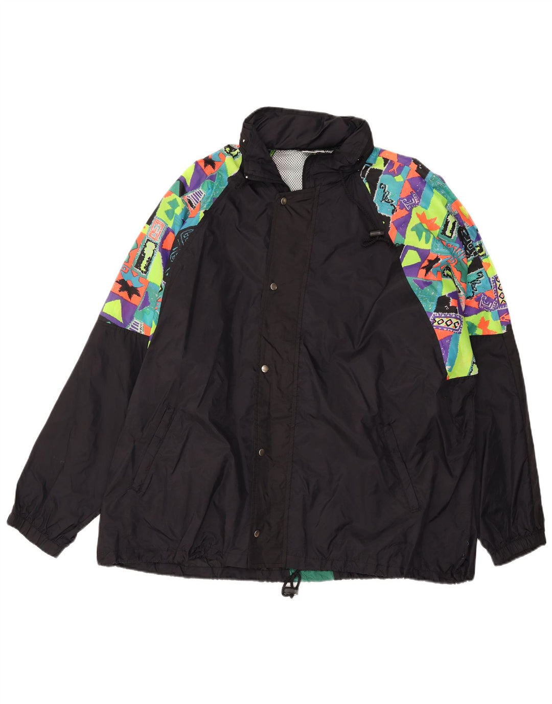 VINTAGE Regnjakke med hætte til mænd UK 44 2XL Sort Geometrisk