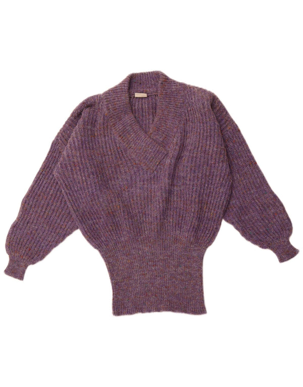 VINTAGE Dame Oversized V-hals sweater UK 16 Large Purple Flecked