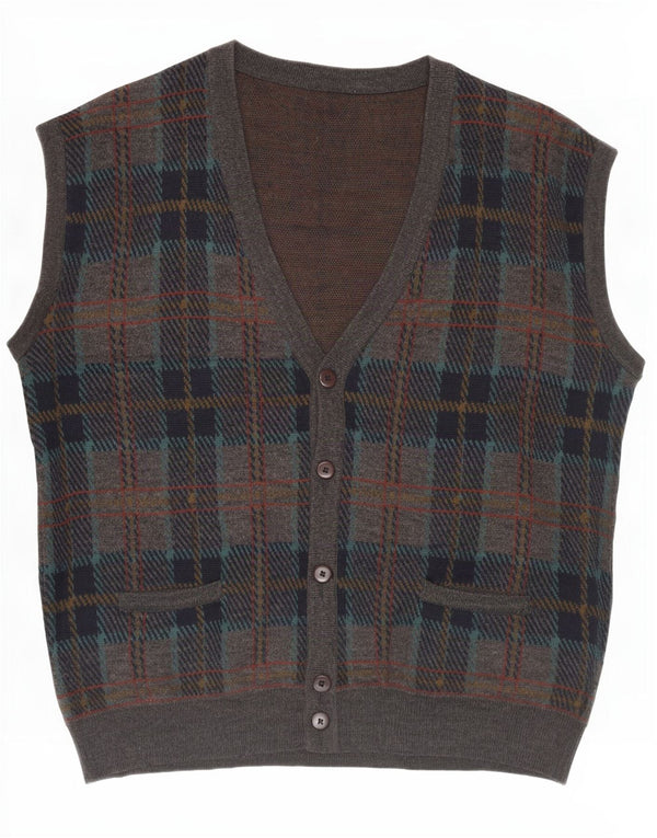 Vintage herre ærmeløs cardigan sweater IT 54 XL Grå ternet uld