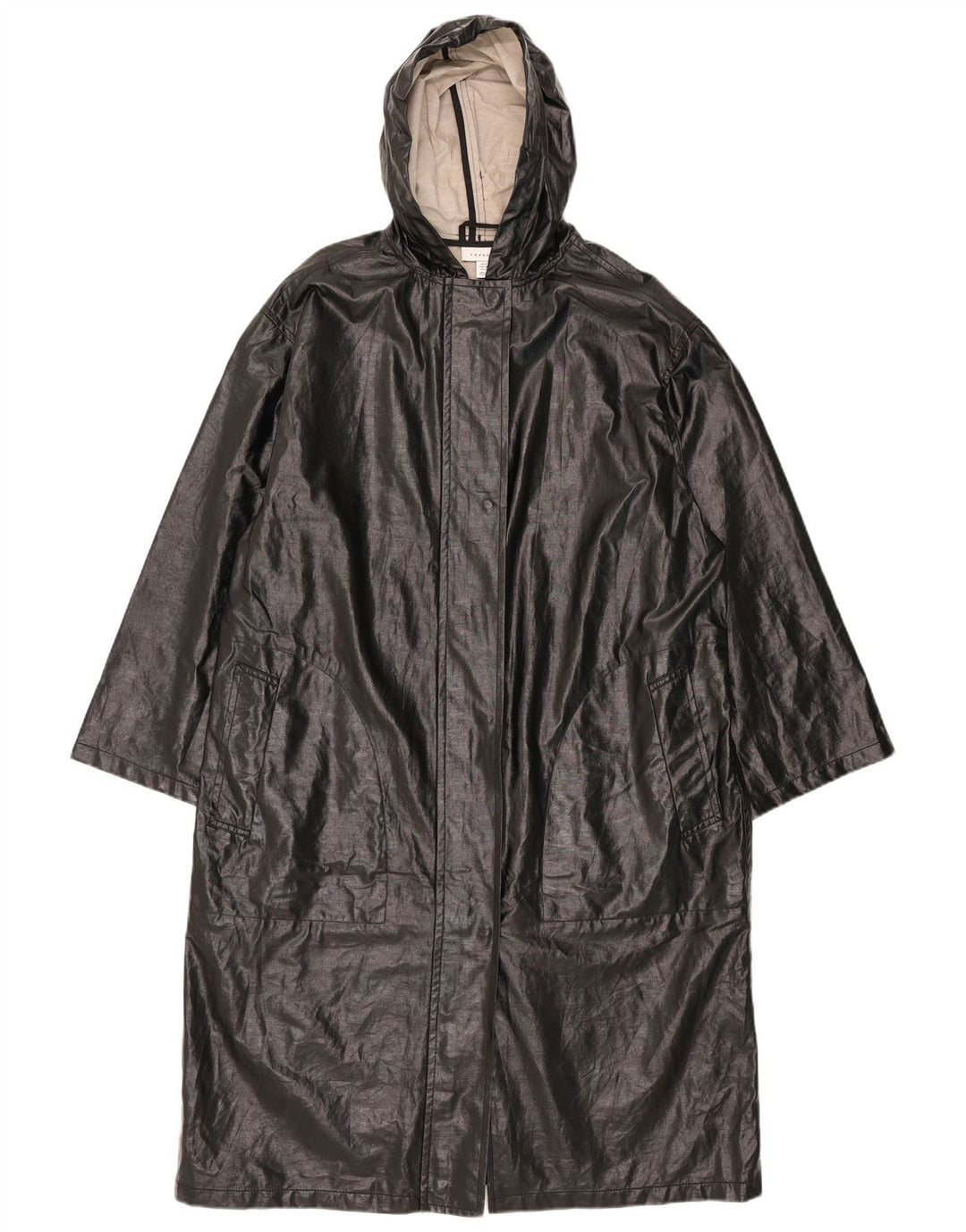 Topshop Dame Hætte Oversized Regnfrakke UK 10 Small Black Bomuld