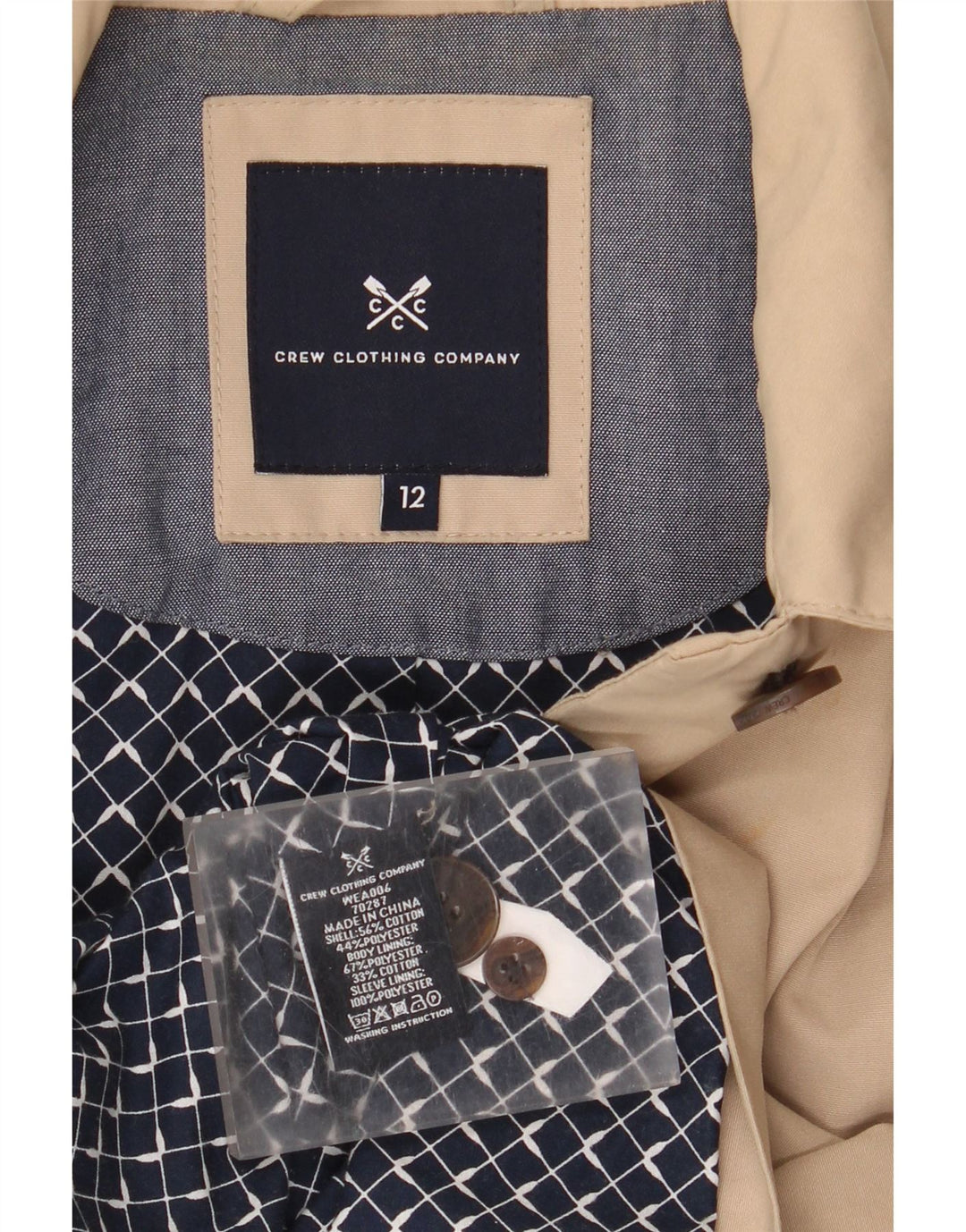 Crew Clothing Dame Overfrakke UK 12 Medium Beige Bomuld