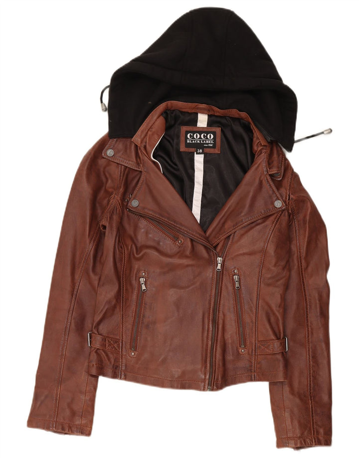 Vintage Biker-jakke med hætte til kvinder EU 38 Medium Brown Colourblock