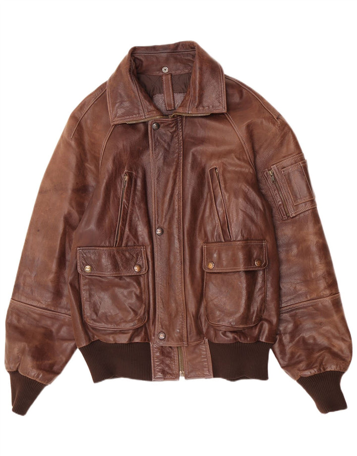 Vintage Herre Læder Bomber Jacket IT 52 2XL Brun