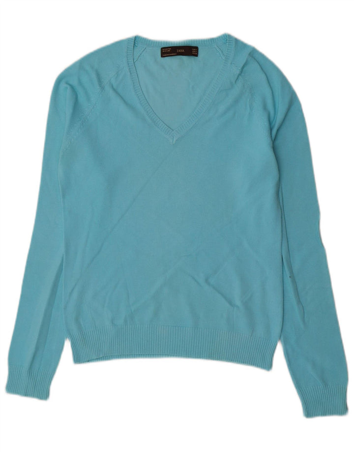 Zara Dame V-hals sweater UK 12 Medium Blue Bomuld