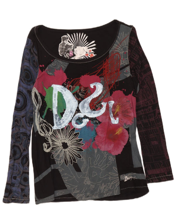 Desigual Dame Grafisk Top Langærmet UK 14 Medium Black Floral Viscose