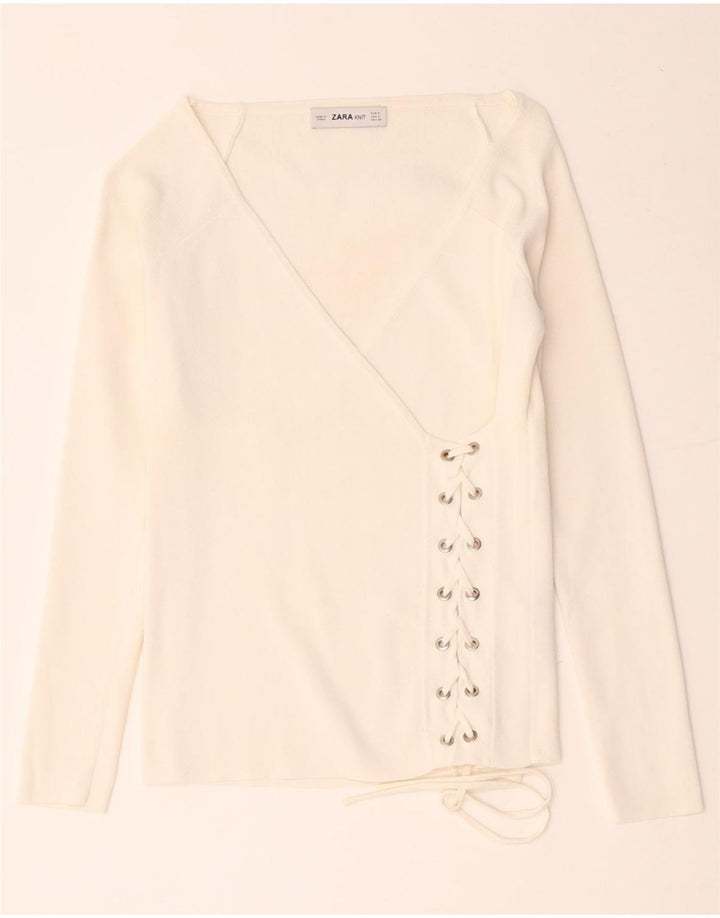 Zara Dame Langærmet Wrap Bluse Top UK 8 Small White Viscose
