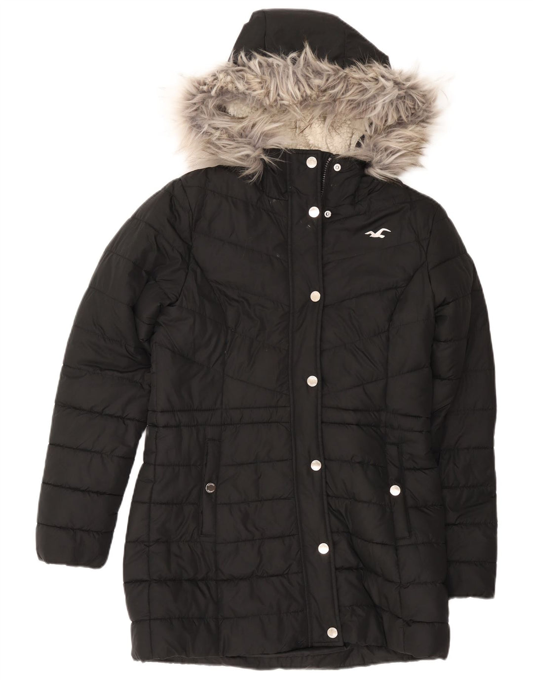Hollister Sherpa polstret frakke med hætte til kvinder UK 14 Medium Sort Polyester
