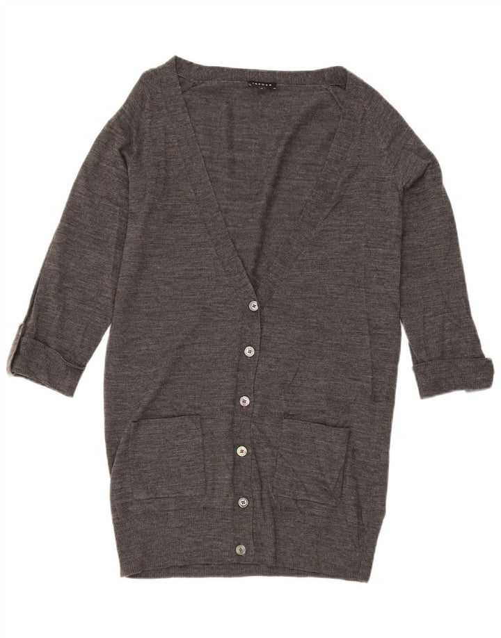 Jaeger dame cardigan sweater med 3/4 ærmer UK 12 mellemgrå flækket uld