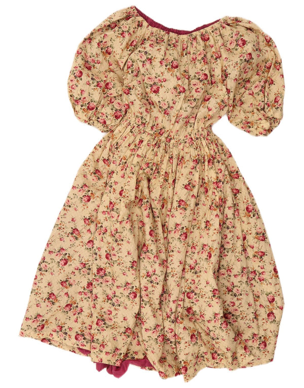 Vintage Kvinder Off Shoulder Kjole UK 14 Large Beige Floral