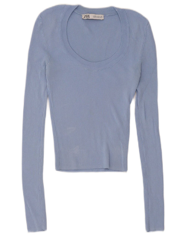 Zara Dame Crop Top Langærmet UK 4 XS Blue Viscose