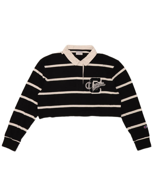 Champion Womens Crop Graphic Rugby Polo Shirt UK 18 XL Black Striped