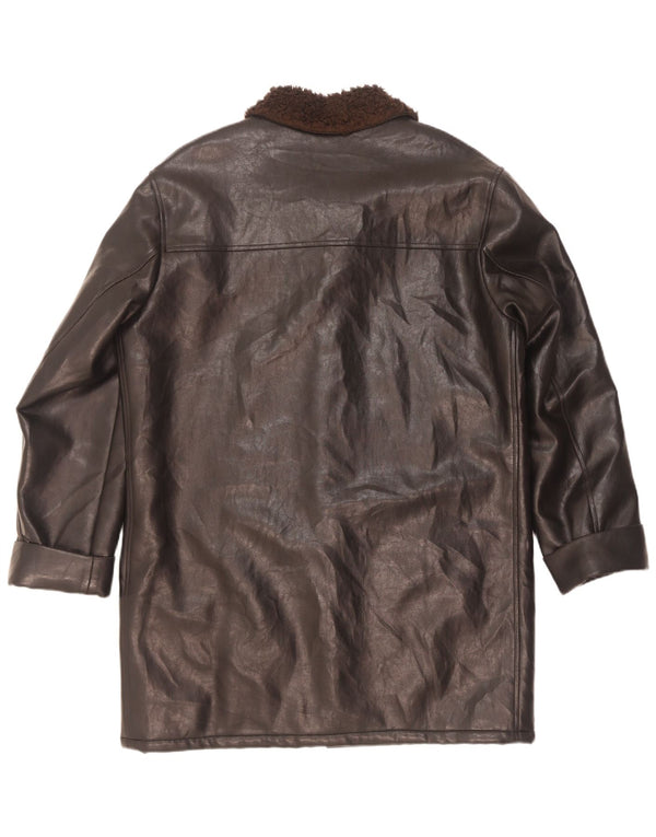 Vintage Herre Sherpa Faux Læder Overfrakke UK 42 XL Sort Micropolifil