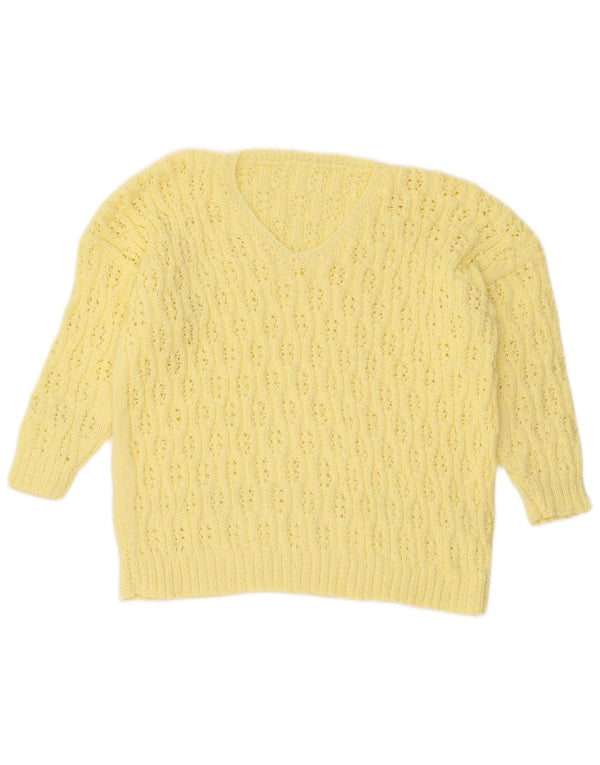 Vintage Dame 3/4 ærmet V-hals sweater UK 16 Stor Gul