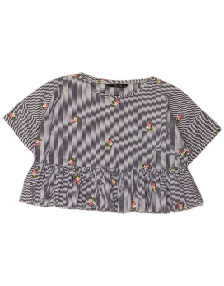 Zara Womens Oversized Crop Bluse Top UK 10 Small Blue Pinstripe Bomuld
