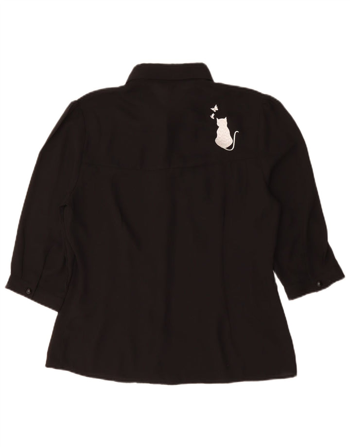 Vintage kvinders grafisk kortærmet skjortebluse UK 14 Medium Black