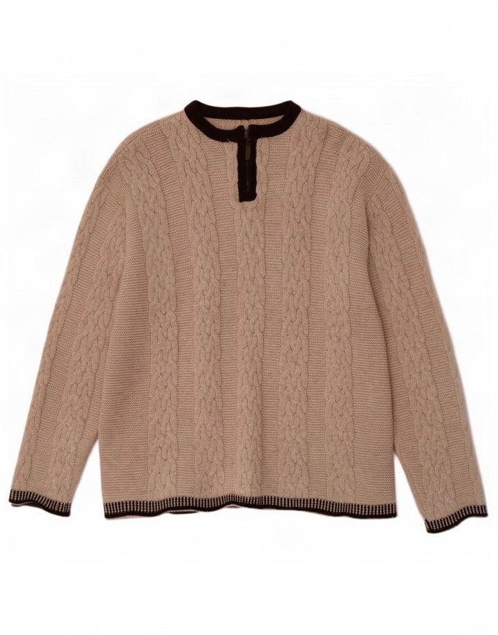 Vintage herre lynlås-hals sweater stor beige colourblock uld