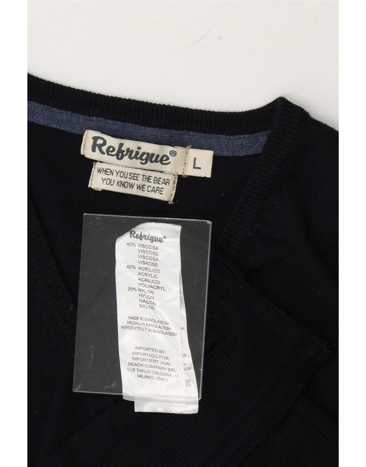 REFRIGUE Mens V-Neck Jumper Sweater Large Navy Blue Viscose Vintage Refrigue and Second-Hand Refrigue from Messina Hembry 