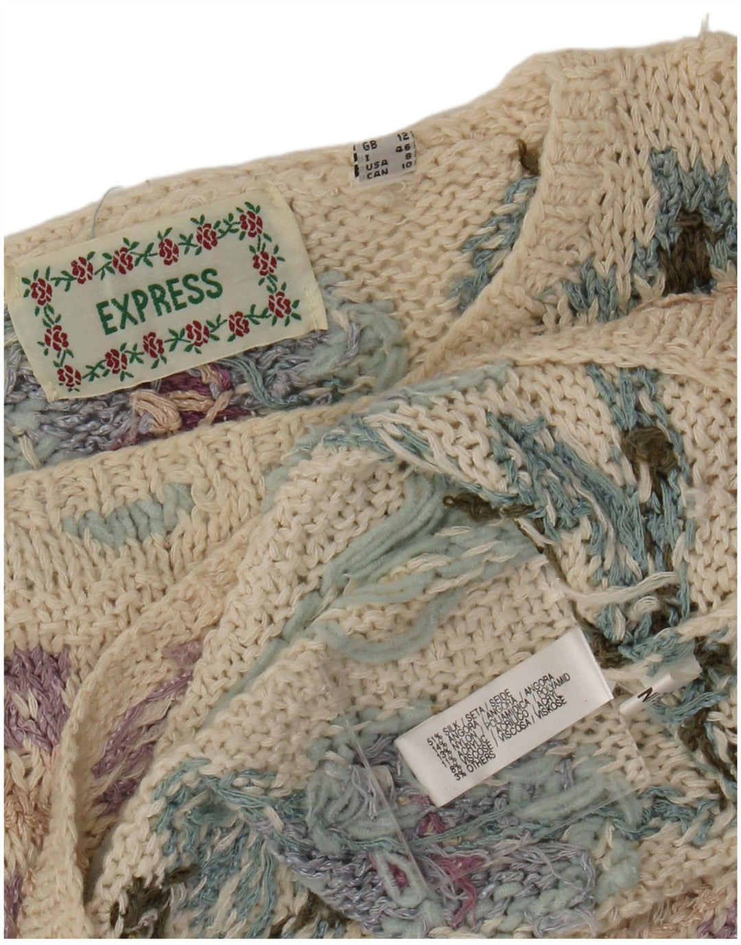 Express Womens Crew Neck Jumper Sweater UK 12 Medium Beige Floral Silke