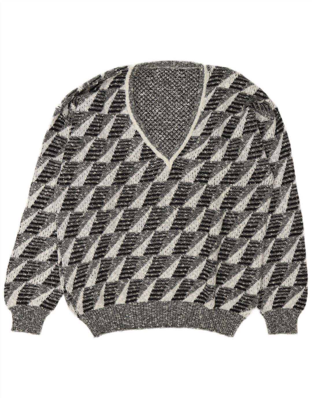 Vintage Herre V-hals sweater Stor Grå Geometrisk