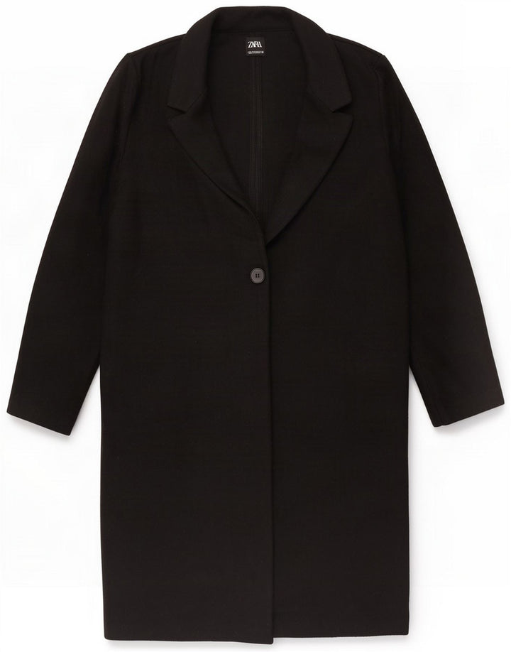 Zara Dame 1 Knap Overfrakke UK 14 Medium Sort Polyester