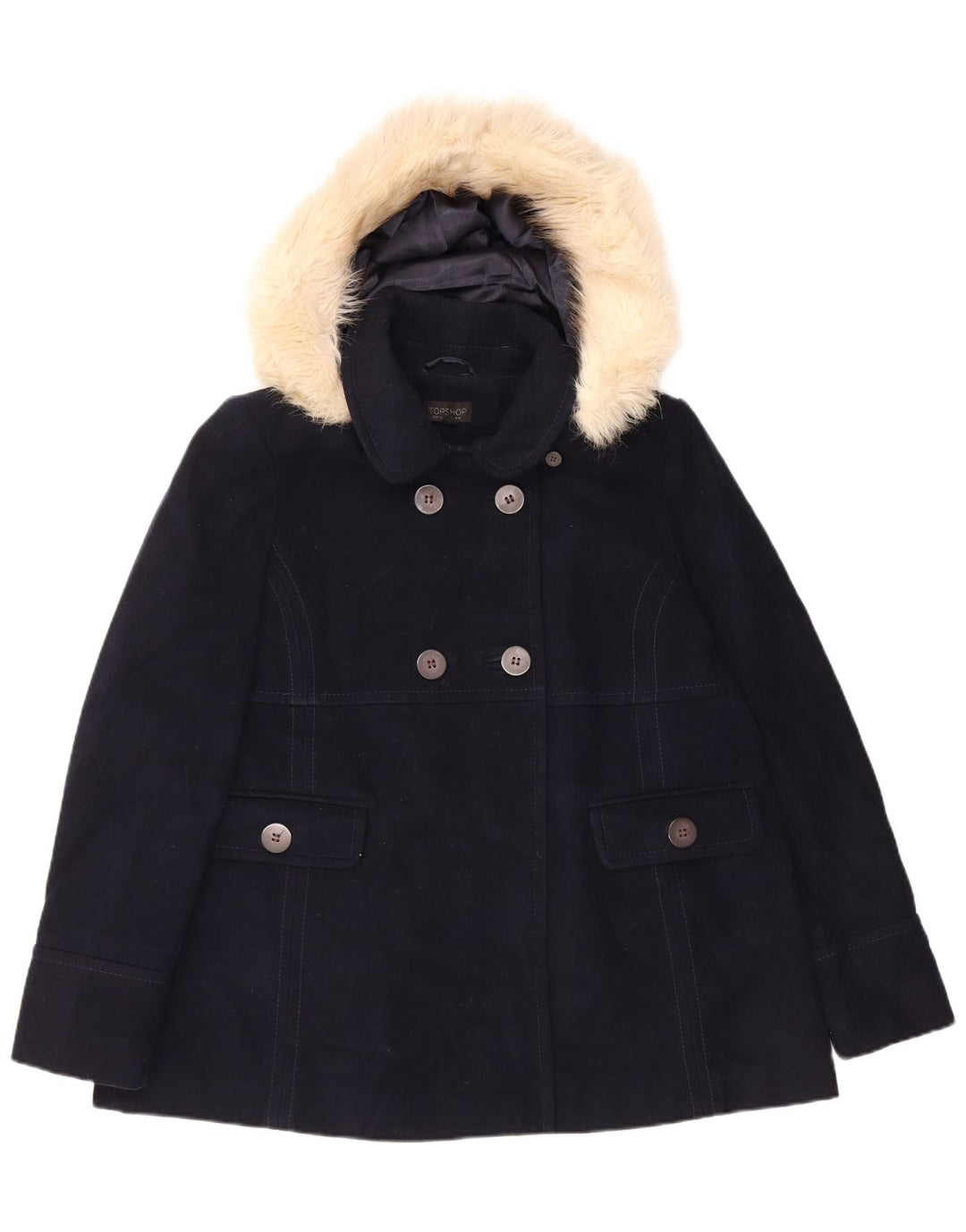 Topshop Dame Hooded Pea Coat UK 14 Large Navy Blue Polyester