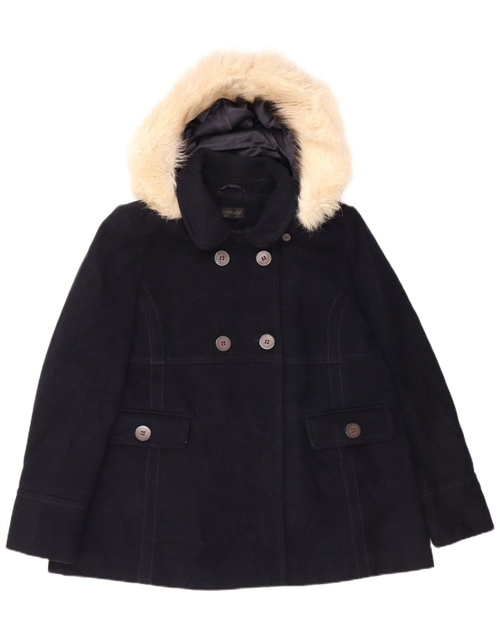 Topshop Dame Hooded Pea Coat UK 14 Large Navy Blue Polyester