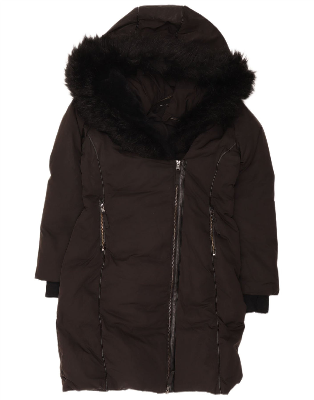 Zara Dame Hætte Polstret Frakke UK 14 Medium Sort Polyester