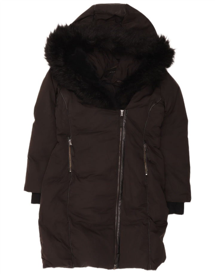 Zara Dame Hætte Polstret Frakke UK 14 Medium Sort Polyester