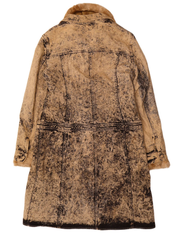 VINTAGE Dame Acid Wash Sherpa Denim Coat IT 46 Stor Beige Bomuld