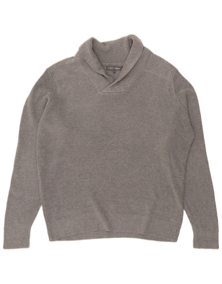 Marks & Spencer Herre Shawl Neck Jumper Sweater Stor Grå Bomuld