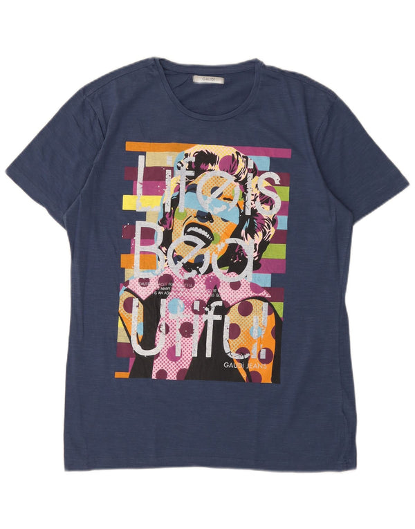Gaudi Mens Graphic T-Shirt Top Large Navy Blue Cotton