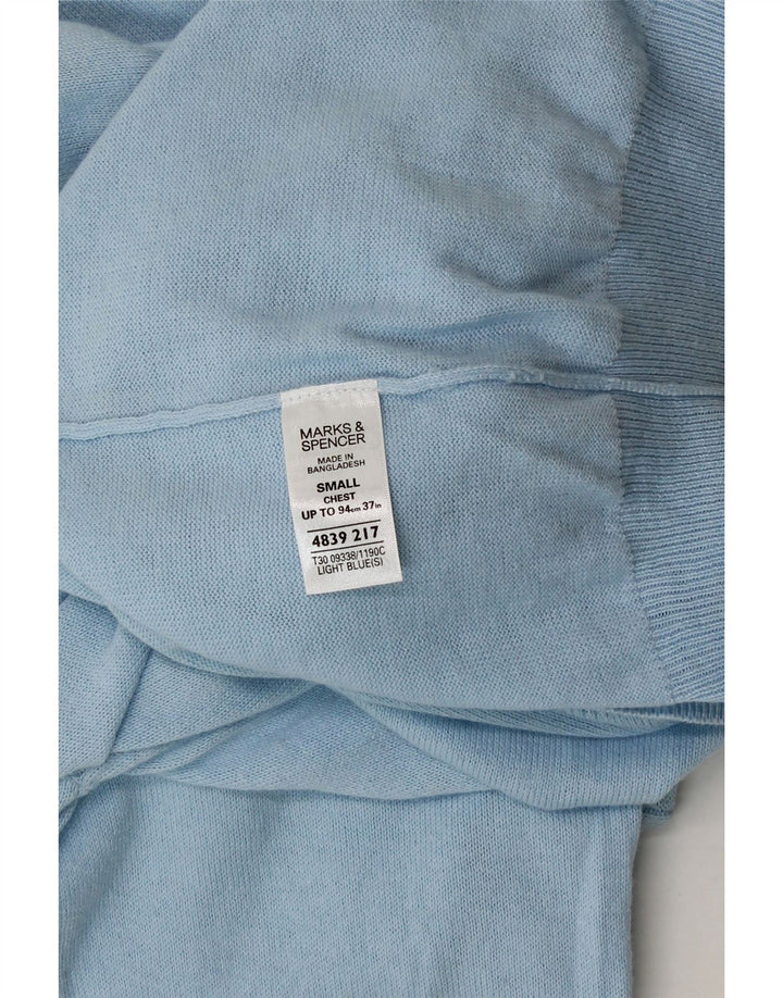 MARKS & SPENCER Mens V-Neck Jumper Sweater Small Blue Cotton Vintage Marks & Spencer and Second-Hand Marks & Spencer from Messina Hembry 