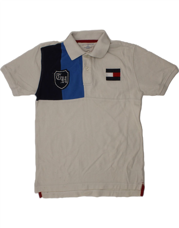 TOMMY HILFIGER Boys Polo Shirt 8-9 Years Medium  White Colourblock Classic Vintage Tommy Hilfiger and Second-Hand Tommy Hilfiger from Messina Hembry 