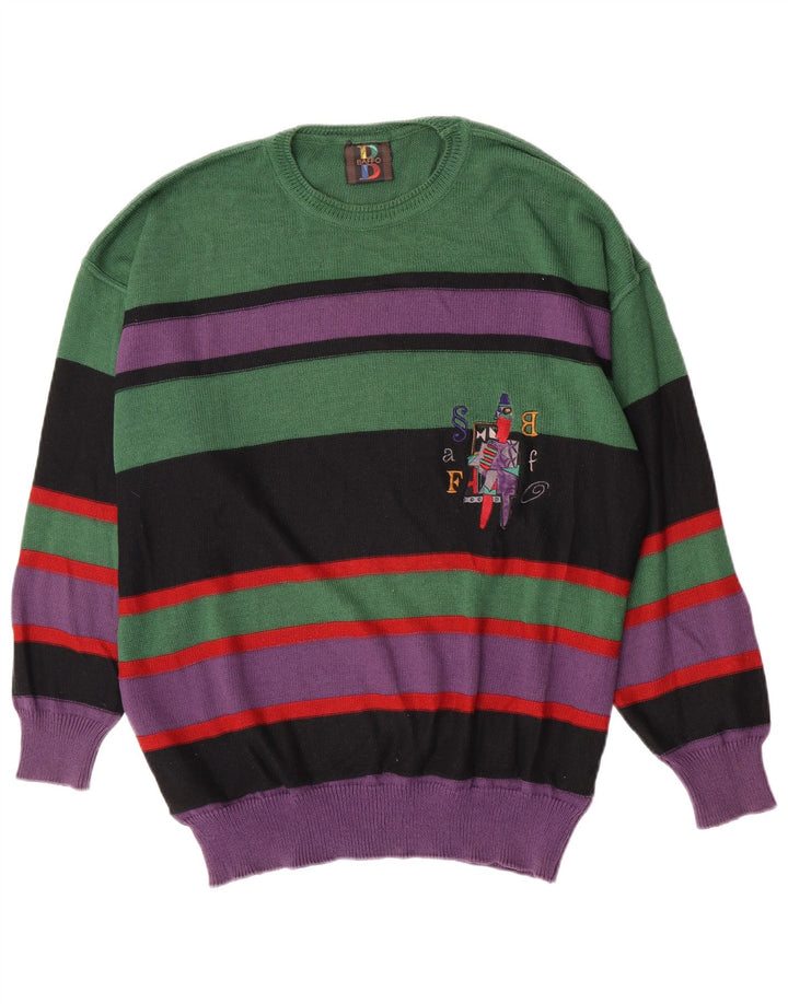 Baffo herre rund hals sweater stor grøn stribet