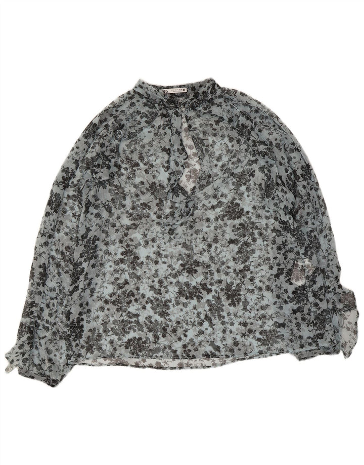 Zara Dame Gennemsigtig Langærmet Bluse Top UK 14 Medium Blue Floral