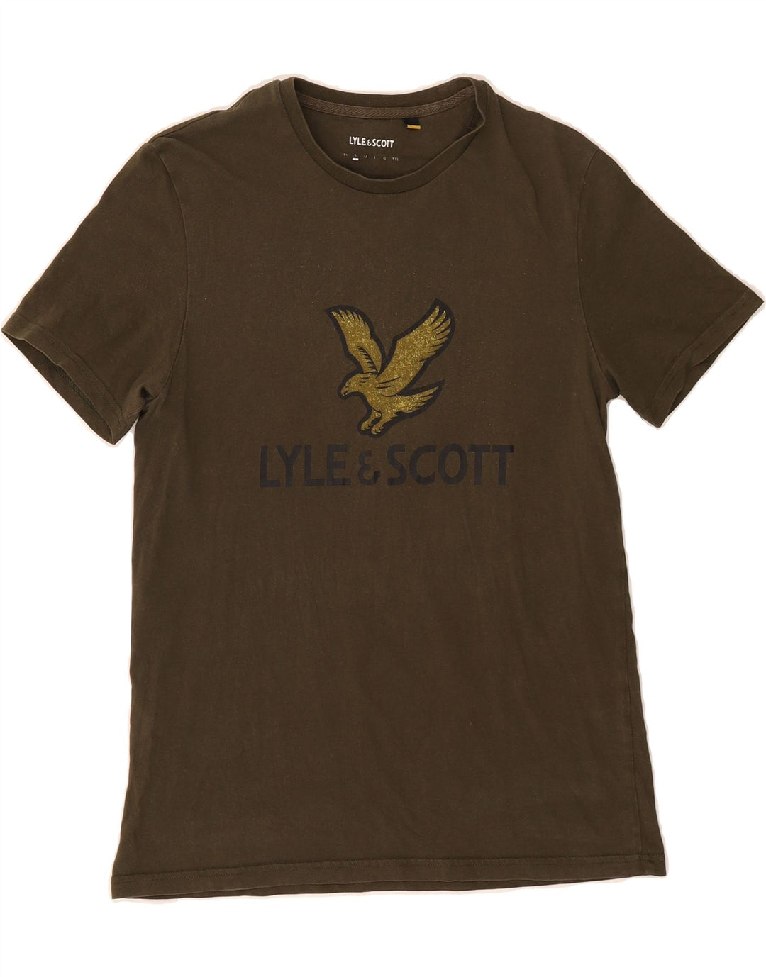 LYLE & SCOTT Mens Graphic T-Shirt Top Small Khaki Cotton Vintage Lyle & Scott and Second-Hand Lyle & Scott from Messina Hembry 