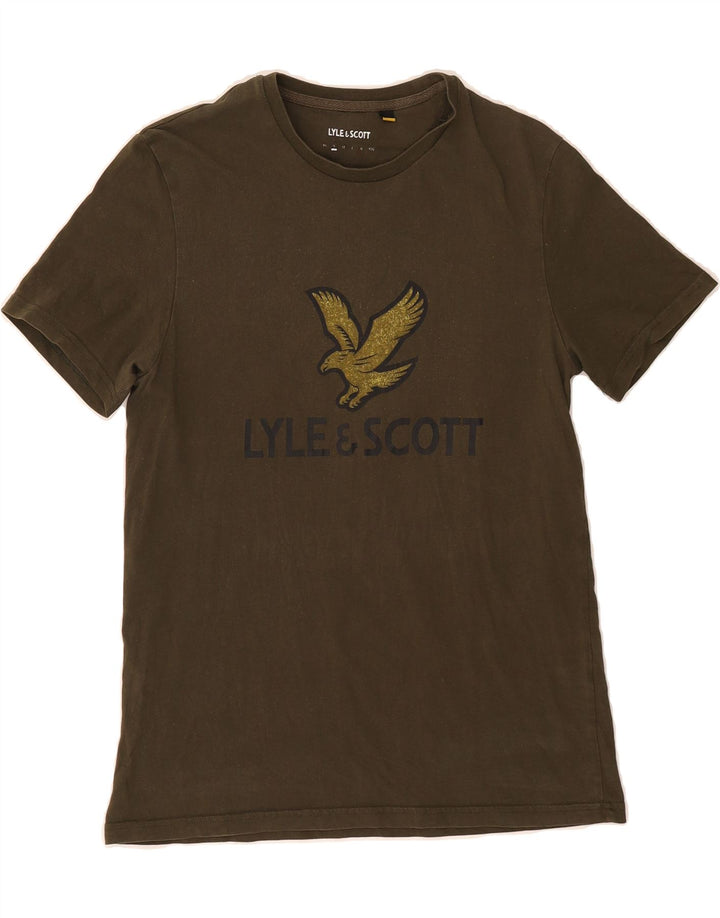 LYLE & SCOTT Mens Graphic T-Shirt Top Small Khaki Cotton Vintage Lyle & Scott and Second-Hand Lyle & Scott from Messina Hembry 