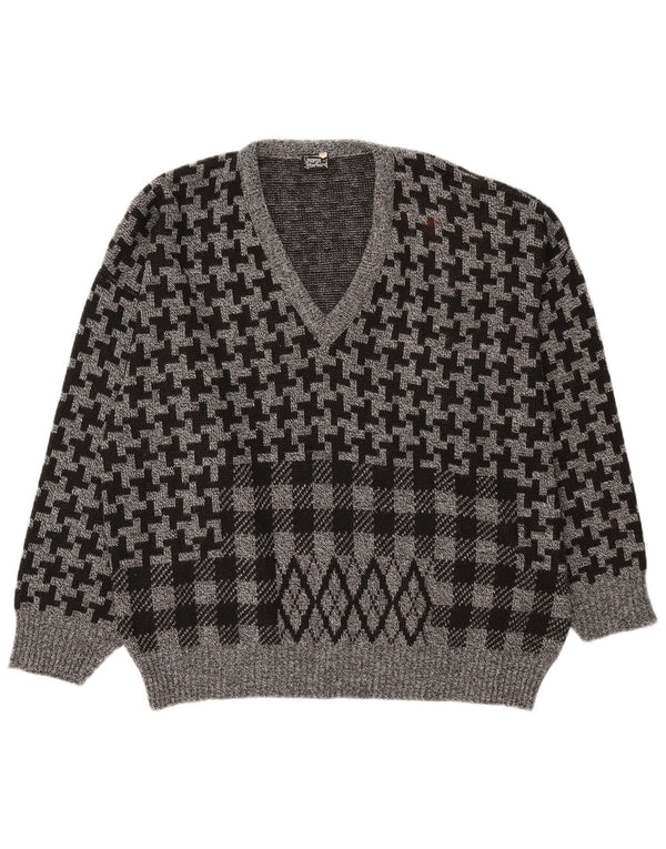 Vintage Herre V-hals sweater IT 56 2XL Grå Houndstooth Akryl