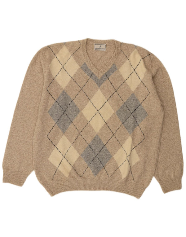 Vintage herre V-hals sweater 2XL Beige Argyle/Diamond lammeuld