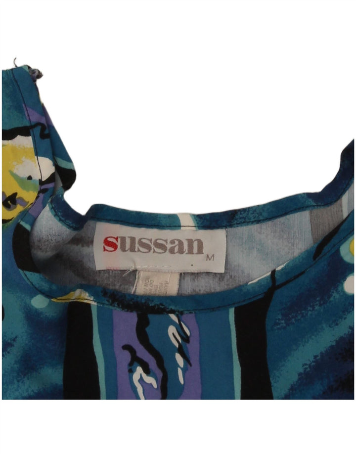 Vintage kvinders beskæring abstrakt mønster bluse Top UK 12 Medium Blue